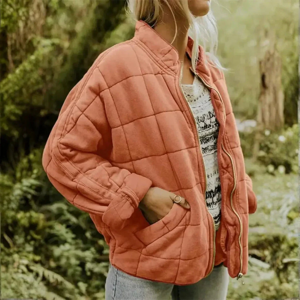 Women's Oversized Quilted Full-Zip Fleece Jacket-Fashinly