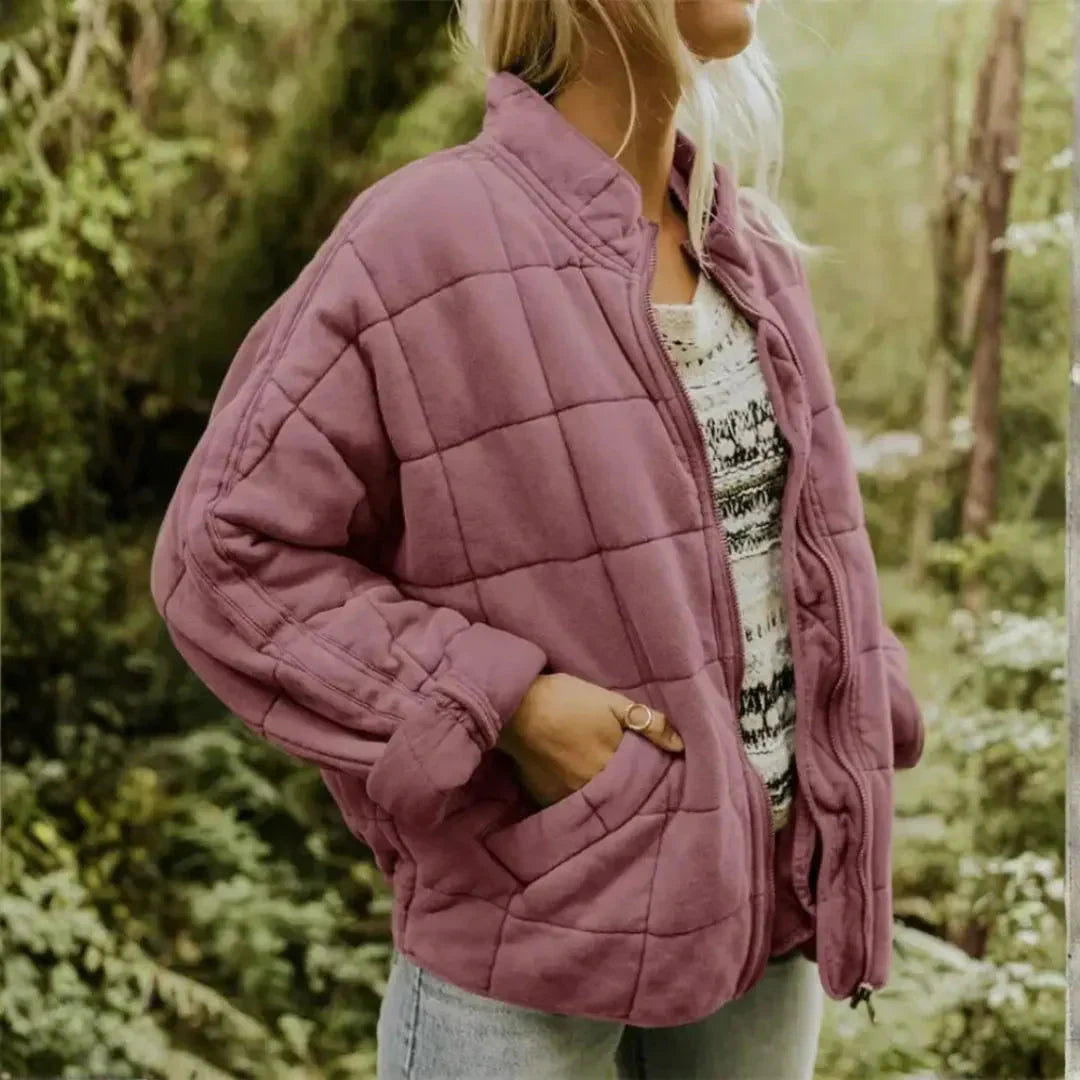 Women's Oversized Quilted Full-Zip Fleece Jacket-Fashinly