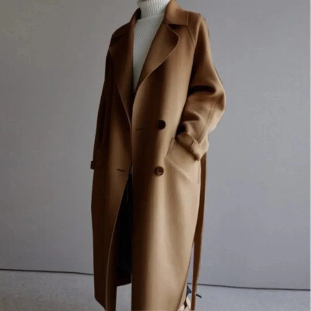 Women's Belted Wool Long Coat-Fashinly