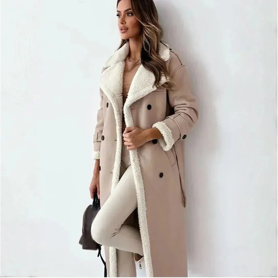 Women's Long Faux-Shearling Double-Breasted Coat-Fashinly