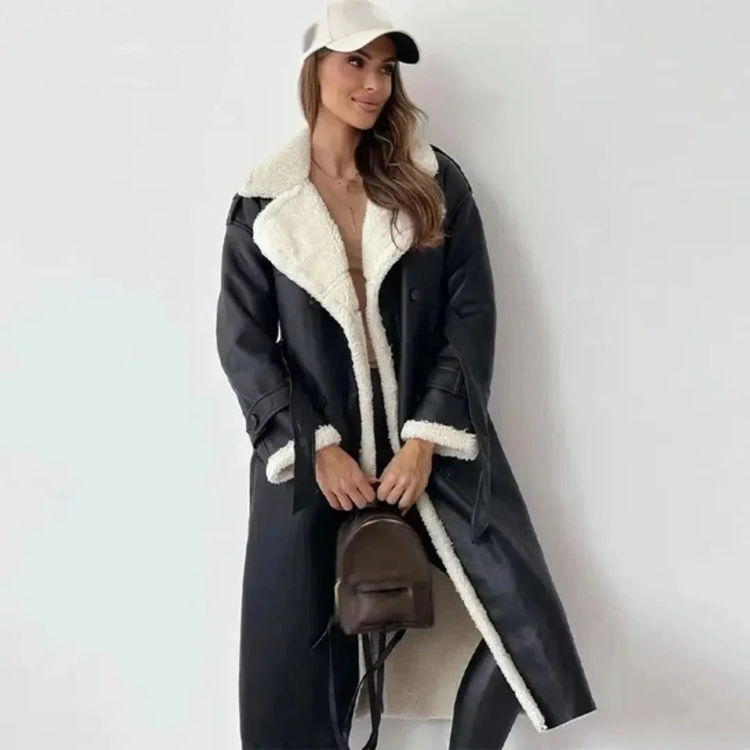 Women's Long Faux-Shearling Double-Breasted Coat-Fashinly