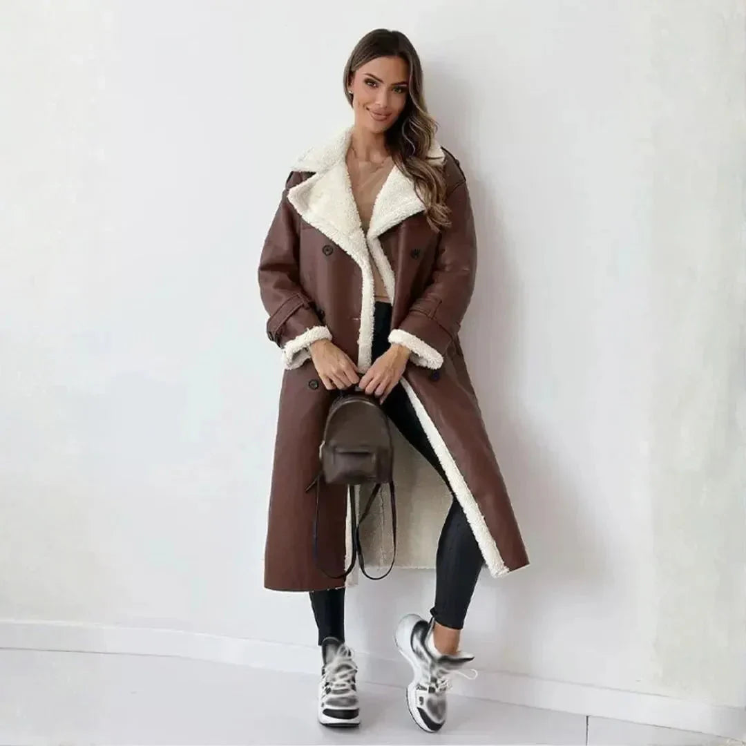 Women's Long Faux-Shearling Double-Breasted Coat-Fashinly