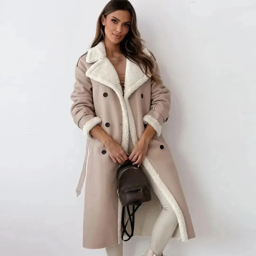 Women's Long Faux-Shearling Double-Breasted Coat-Fashinly