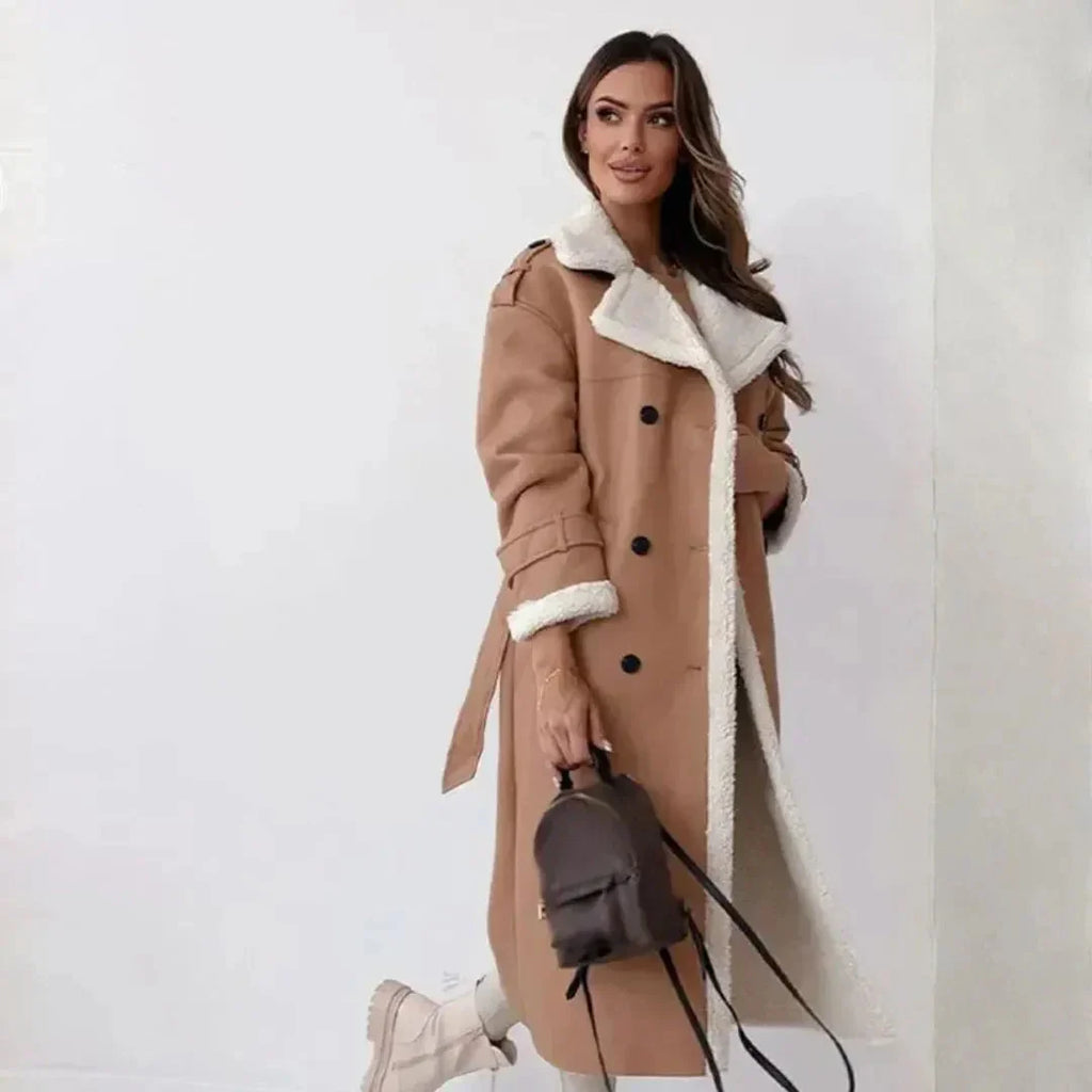 Women's Long Faux-Shearling Double-Breasted Coat-Fashinly