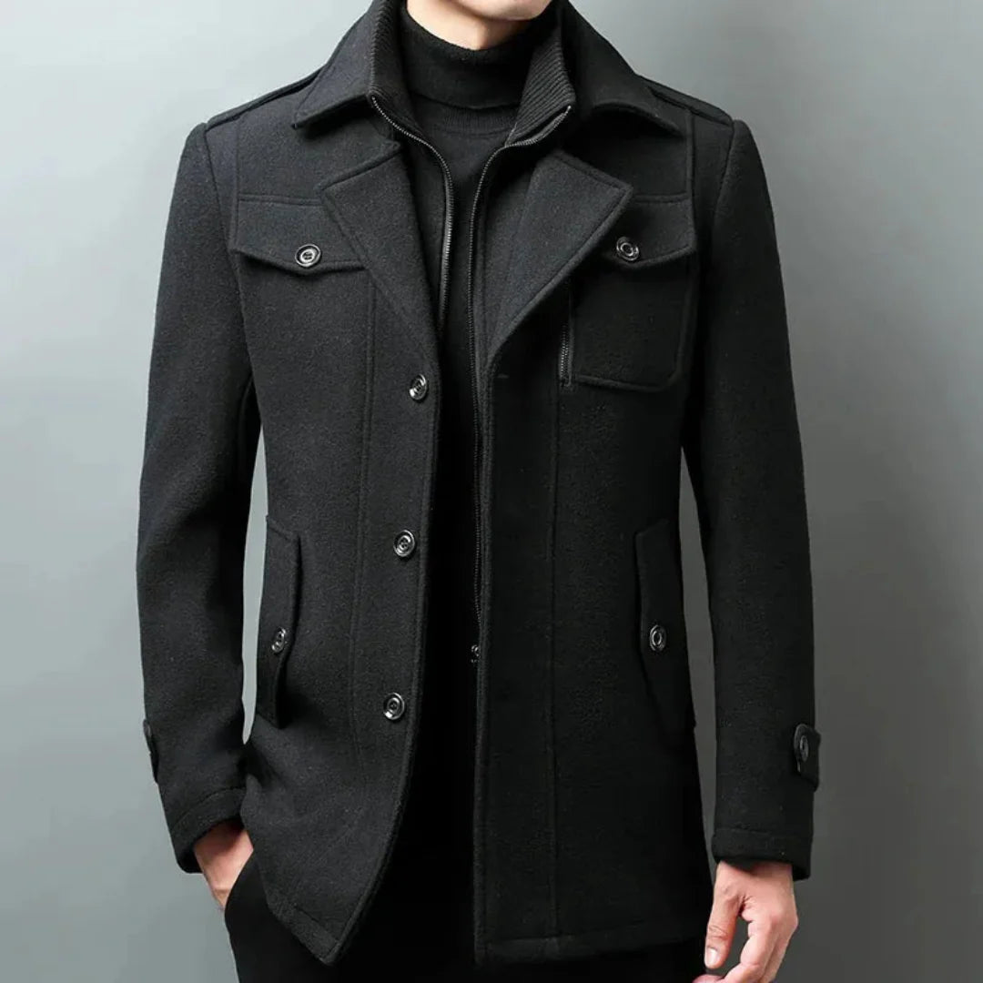 Men's Wool-Blend Button-Up Overcoat-Fashinly