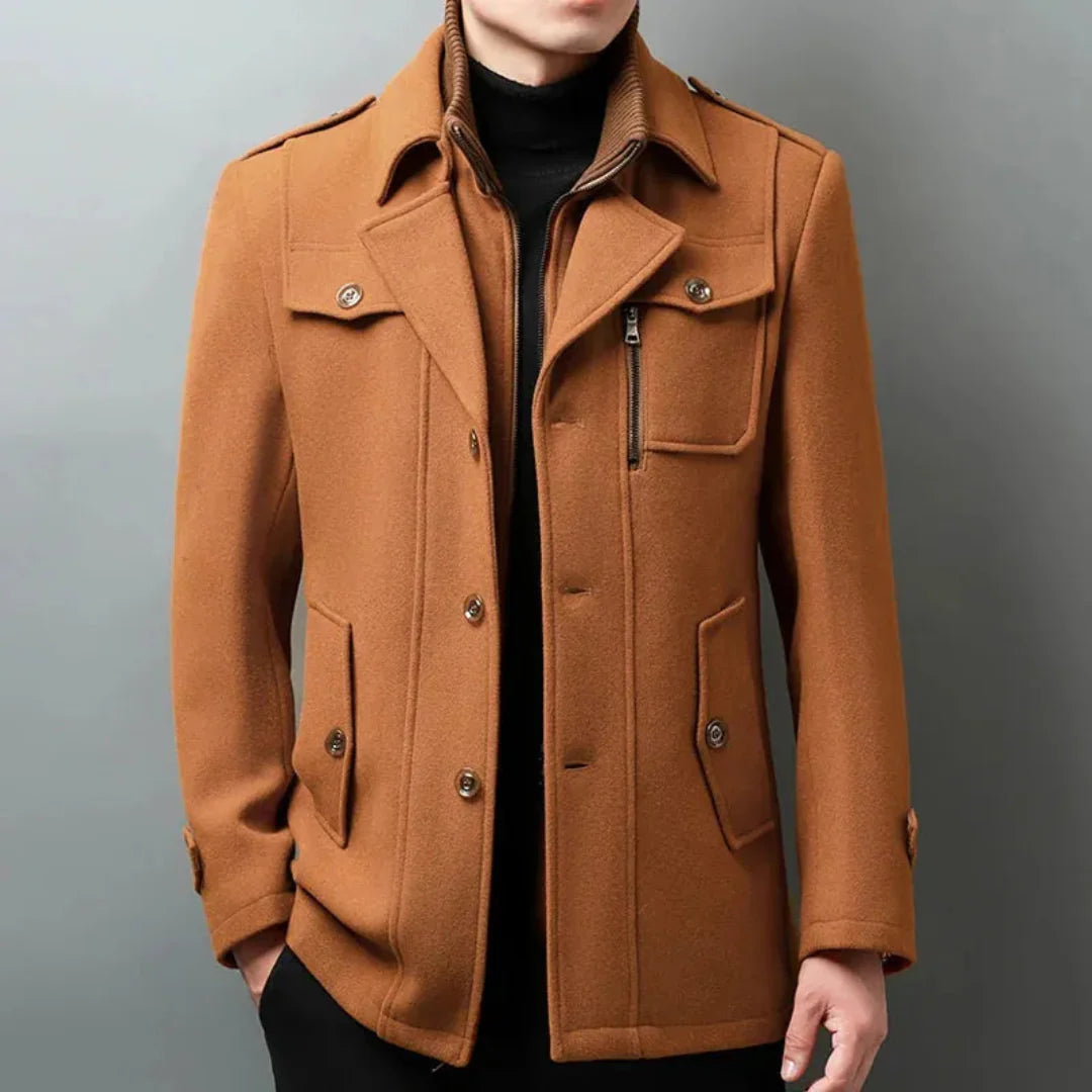 Men's Wool-Blend Button-Up Overcoat-Fashinly