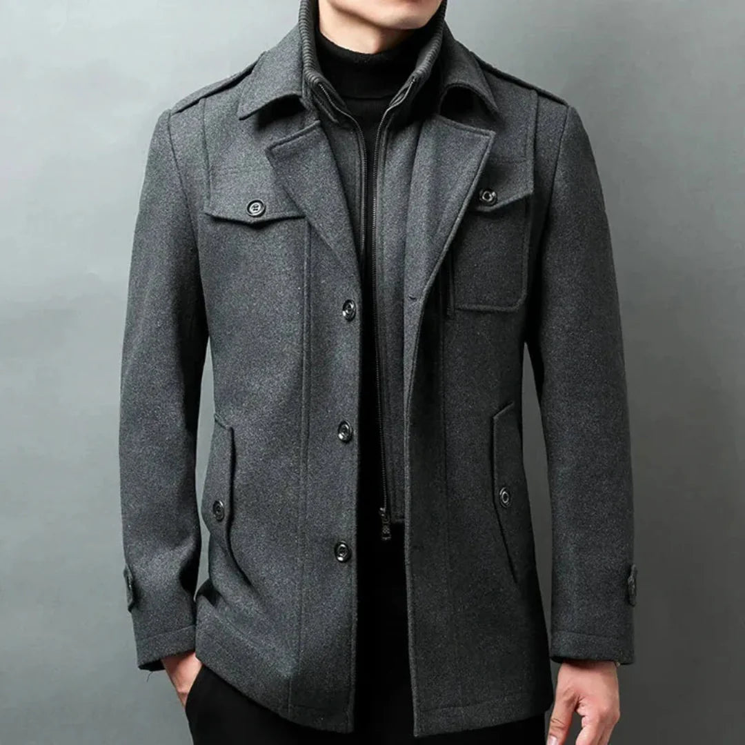 Men's Wool-Blend Button-Up Overcoat-Fashinly