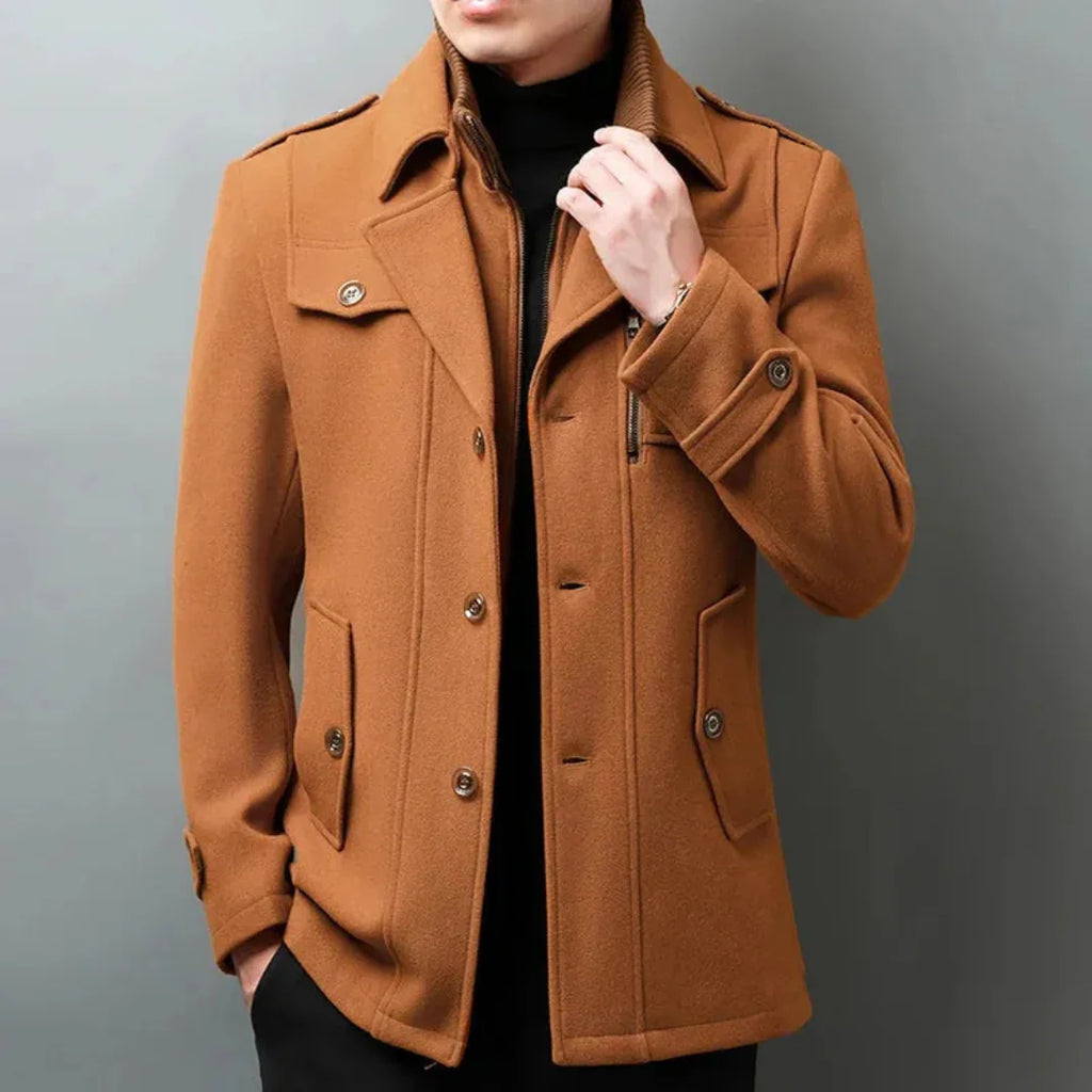 Men's Wool-Blend Button-Up Overcoat-Fashinly