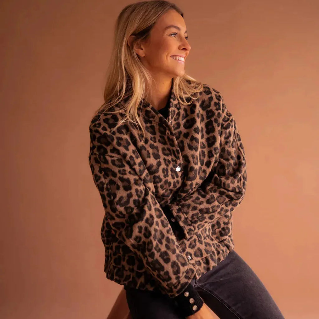 Women's Oversized Leopard Print Bomber Jacket-Fashinly