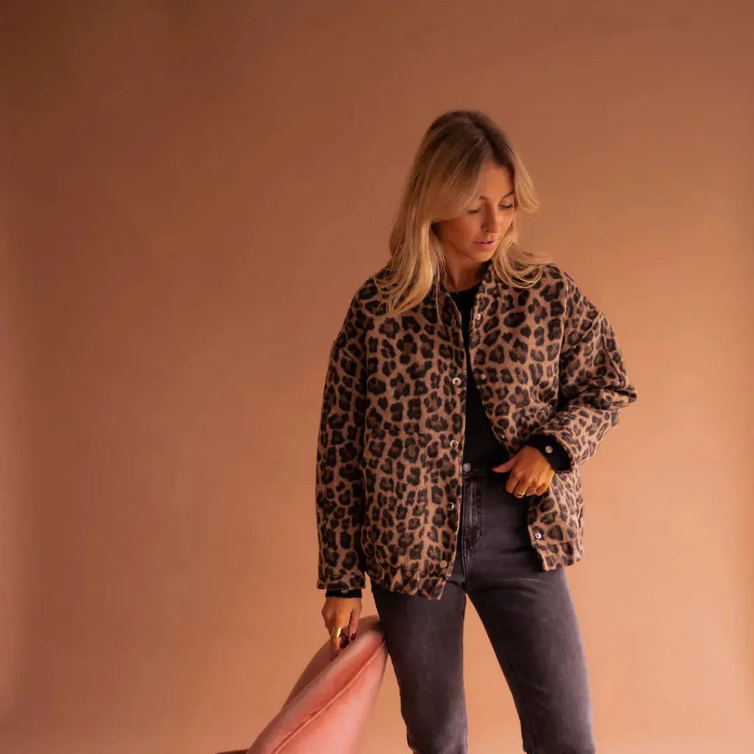 Women's Oversized Leopard Print Bomber Jacket-Fashinly