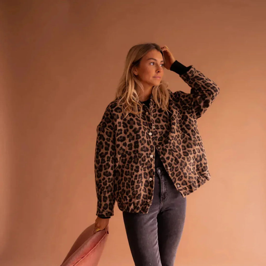 Women's Oversized Leopard Print Bomber Jacket-Fashinly