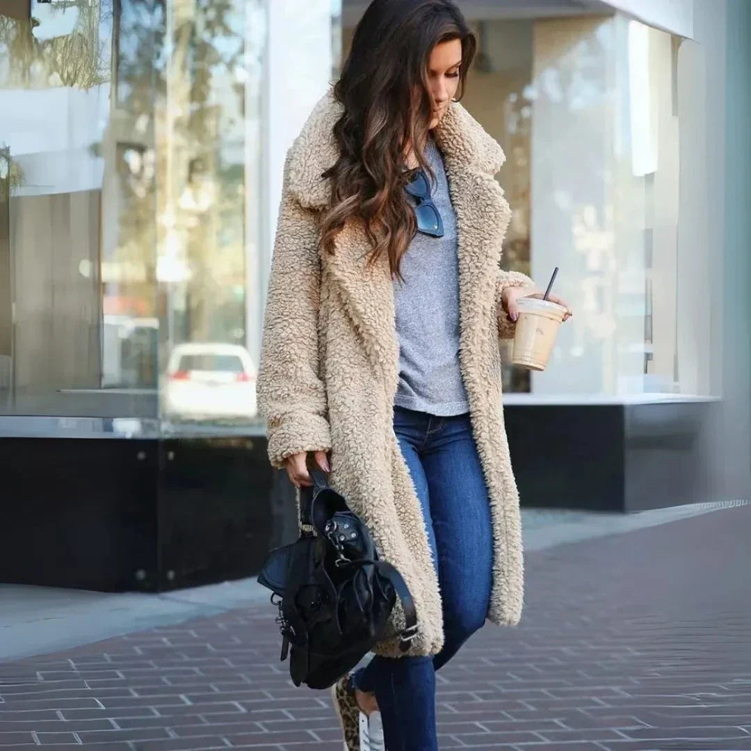 Women's Cozy Plush Teddy Long Coat-Fashinly