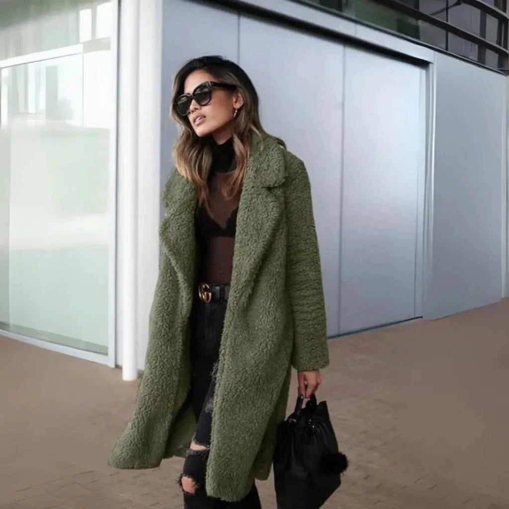 Women's Cozy Plush Teddy Long Coat-Fashinly