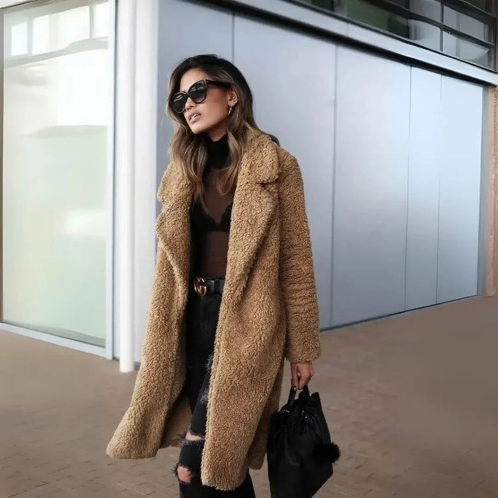 Women's Cozy Plush Teddy Long Coat-Fashinly
