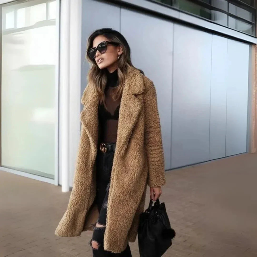 Women's Cozy Plush Teddy Long Coat-Fashinly